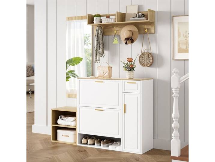 Set entrée 4 pièces complet Meuble à chaussures banc porte-manteau mural & miroir Pour hall et entrée 139.5 cm