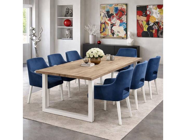 Esszimmertisch White Washed 220x100cm mit weißem U-Gestell - gerade Kante