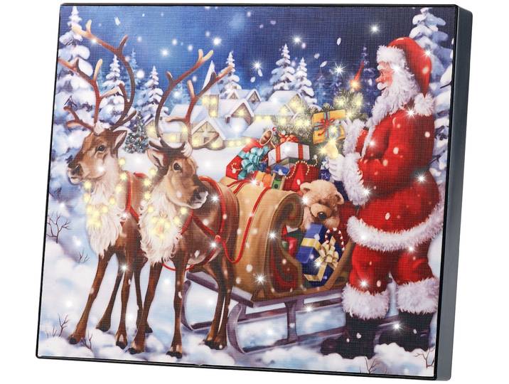 LED-Bild Weihnachtsmann mit Rentierschlitten , 28 x 23 cm