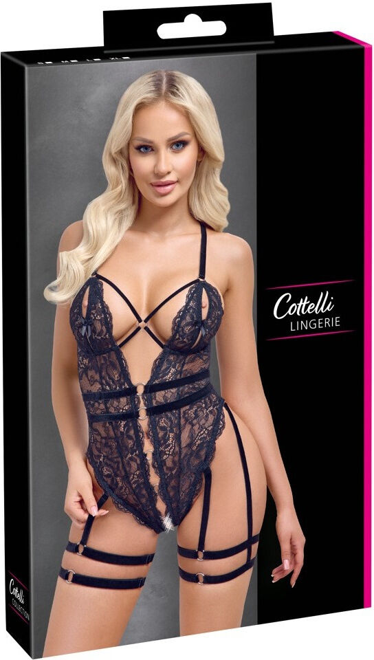 Cottelli LINGERIE Body string ouvert en dentelle noire avec jarretières amovibles