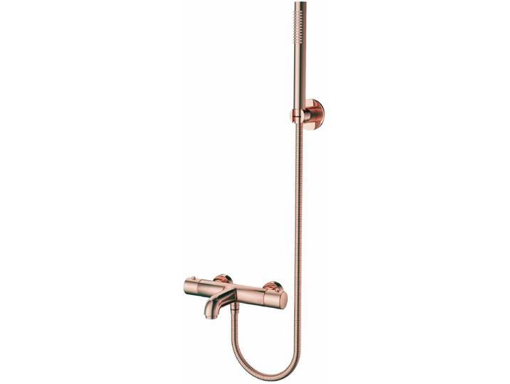 Thermostatische Bad/Douchekraan met Staafhanddouche en Handdouchehouder - Leoni - RVS - PVD - Geborsteld Koper