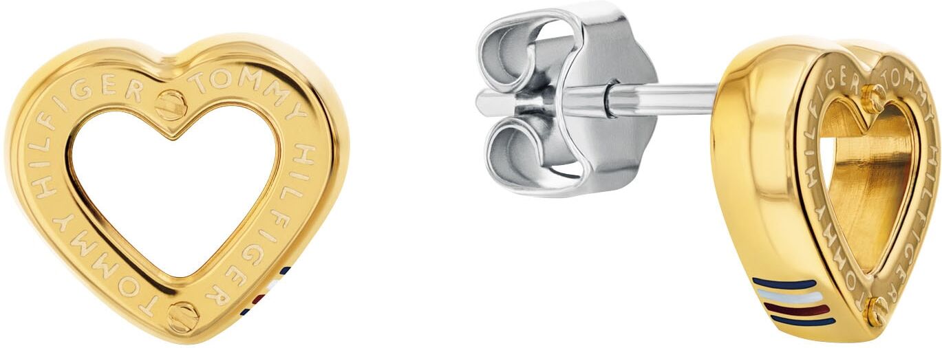 Paar Ohrstecker TOMMY HILFIGER "TOGGLE HEART", gelb (gelbgoldfarben, edelstahlfarben), Ohrringe, Damen, Edelstahl, mit Emaille