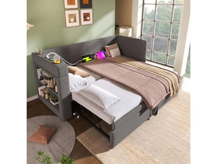 Daybed - KOMHTOM - Daybed 90x190 cm - Lit gigogne - Tiroir-lit - USB Type-C