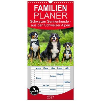 Familienplaner 2027 - Schweizer Sennenhunde - aus den Schweizer Alpen mit 5 Spalten (Wandkalender, 21 x 45 cm) CALVENDO