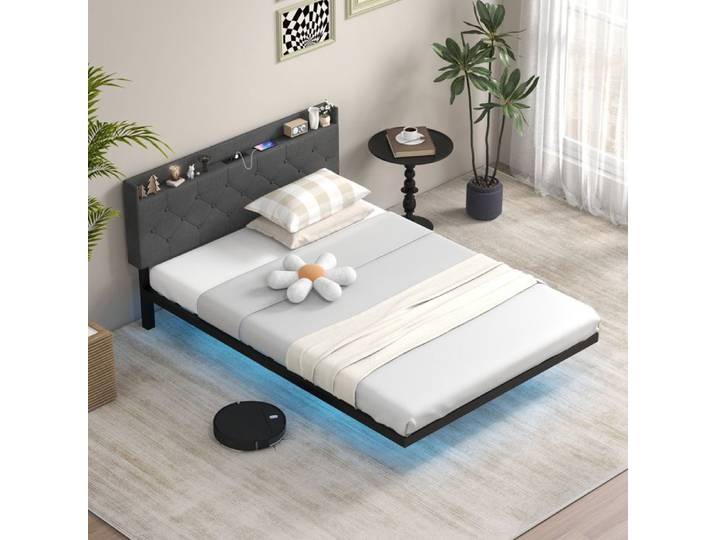 GIANTEX Cadre/Structure de Lit Double Flottant avec LED-140 x 200 cm-Tête de Lit Réglable avec Prises de Courant-Matelas exclus