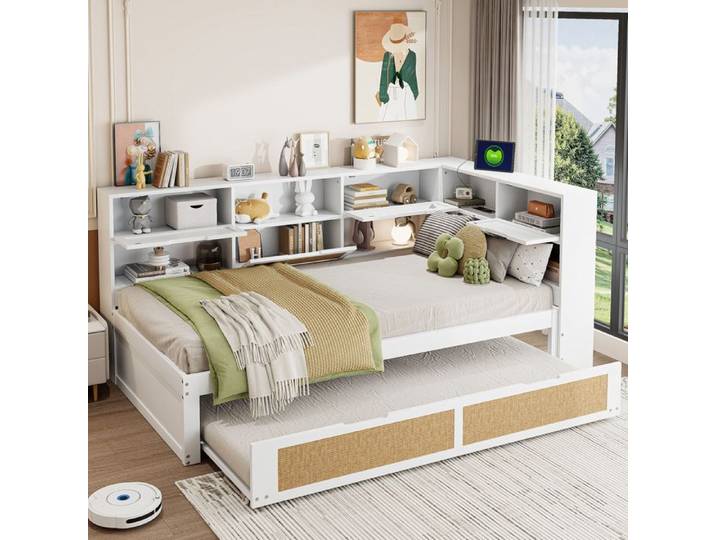 Lit gigogne Maisentiel bois blanc prises USB - 90x200 (lit simple) et 90x190 (lit tiroir) rangements intégrés élégant