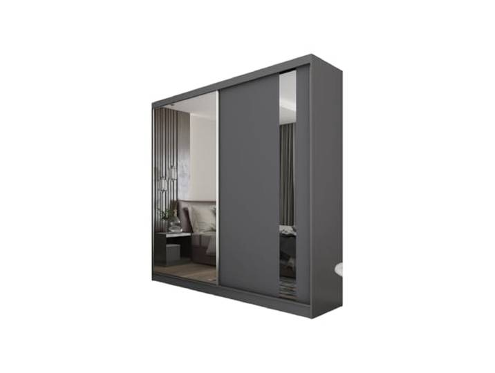 Margaret Hadas24 Kleiderschrank Gabo mit Spiegel, Organizer, Mehrzweckschrank, Schwebetürenschrank, Garderobenschrank, Kleiderstange, Kleiderständer, Flurschrank, Garderobe, Schrank, Graphit, 200 cm