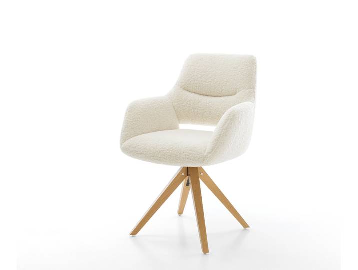 Drehstuhl Yago-Flex mit Armlehnen Teddystoff Beige Holzgestell kantig Natur 360° drehbar Taschenfederkern, Esszimmerstühle