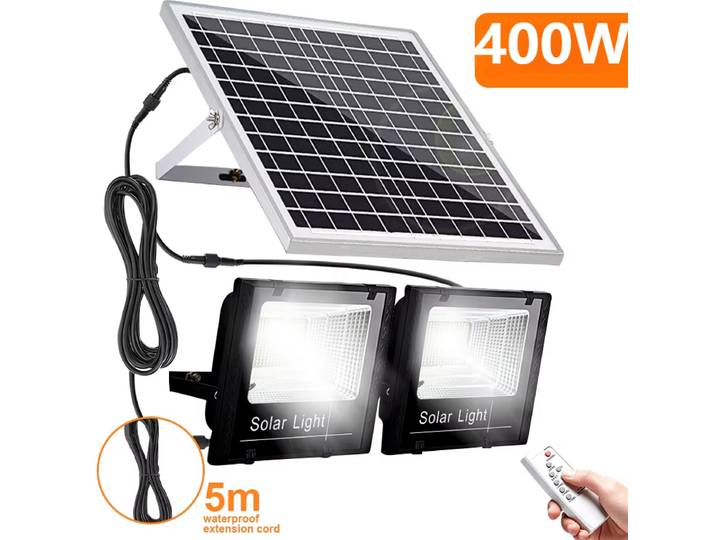 400W Led lumière solaire haute luminosité 2 tête projecteur étanche extérieur jardin applique murale avec panneau solaire en aluminium pour jardin