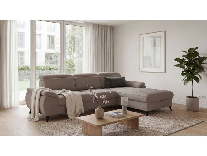 Ecksofa EXXPO - SOFA FASHION TAOS bequem, komfortabel durch Kopfteilverstellung, Breite 281cm , braun (grau), B:281cm H:78cm T:166cm, Sofas, Ecksofa, inkl. Bettfunktion und Bettkasten,toller Sitzkomfort, Steppung im Sitz