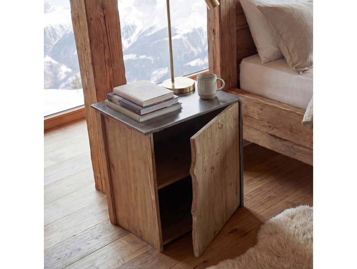 Beistelltisch HWC-L76, Kommode Nachttisch Schrank, Industrial Massiv-Holz MVG 60x50x40cm, natur mit Metall-Optik Standard