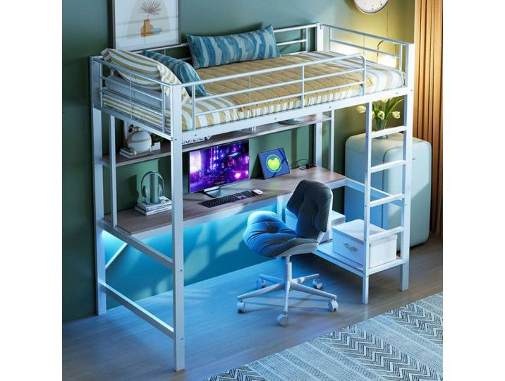 Lit mezzanine enfant avec bureau et lampes LED Lit mezzanine 1places adulte 90x200 avec USB et prise