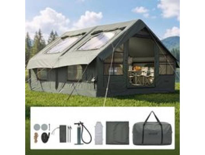 VEVOR Aufblasbares Zelt Glamping Luftzelt 5-8 Personen mit Pumpe Grün, für Outdoor-Aktivität Wasserabweisendes Poly-Baumwollgewebe mit Dachfenster Ofenrohrdurchführung Netzfenster & Tragetasche