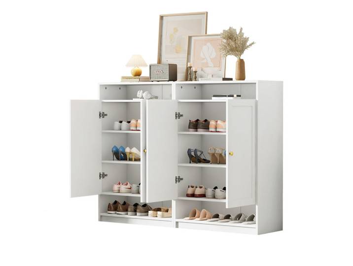 Flieks Schuhschrank Weiß 2 Türen goldene Griffe 146x34x109cm, 146x109x34 cm, Garderobe, Schuhaufbewahrung, Schuhschränke