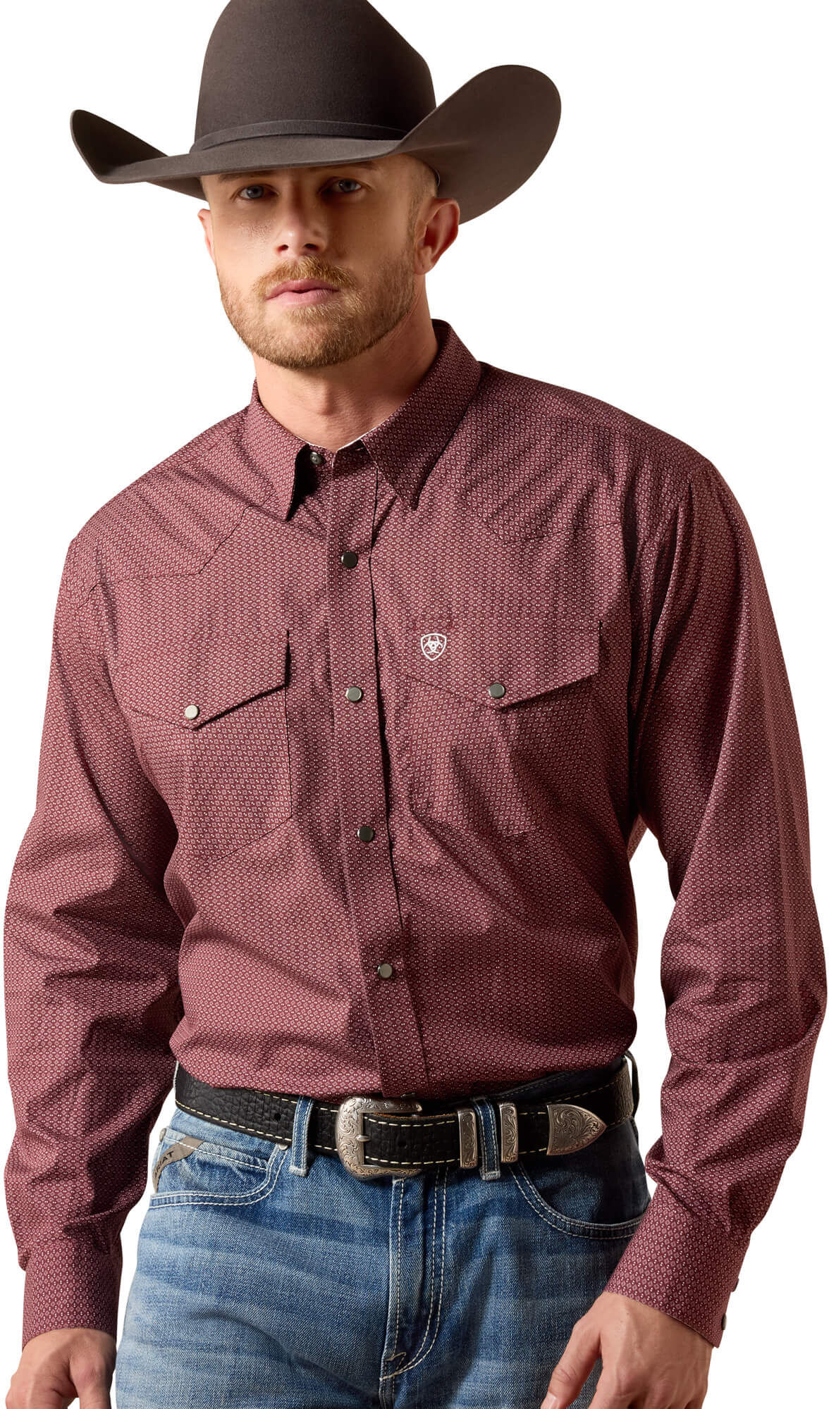 Men's Wrinkle Free Dion Classic Fit Snap Shirt in Red Mahogany Mini Southwest Motif Cotton, Size: Medium by Ariat