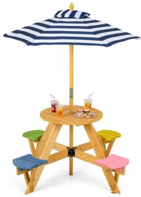 Costway Kids Picnic Table with Stools and Foldable Adjustable Umbrella for Backyard and Patio-Blue