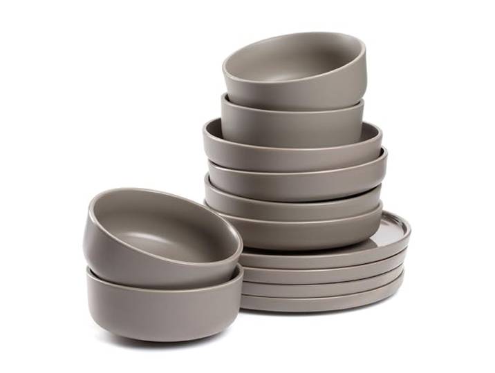 LEONARDO HOME Geschirrset ROMA 12-teilig Tafel-Service für 4 Personen je 4 Teller Ø 22 cm, Teller Ø 27 cm und Teller Ø 20 cm Mikrowellen- & Spülmaschinengeeignet stapelbar taupe 027927