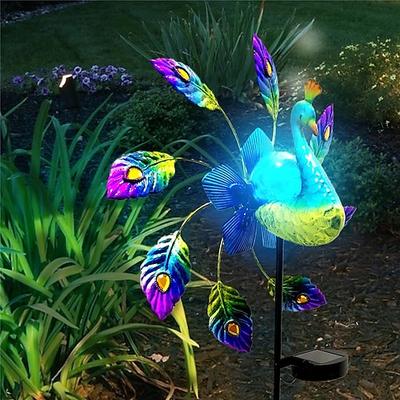 Solar bemalte Pfauengartenleuchten Metallpfauenwindmühlenpfähle Außenwindspinner für Gartenhof Terrasse Rasendekor Lampe 1St