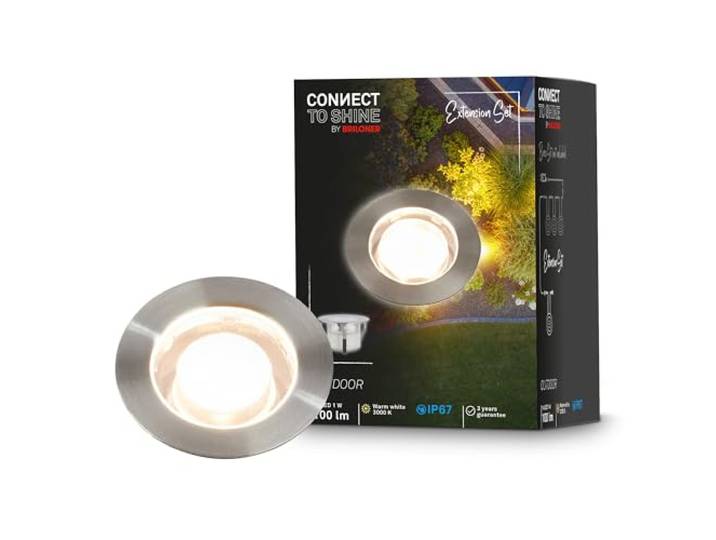 BRILONER - Connect to Shine 12V Gartensystem LED Bodeneinbaustrahler, Erweiterung, IP67, warmweißes Licht, Gartenbeleuchtung, Bodeneinbauleuchten, Terrassenbeleuchtung, 4,5x2,5 cm, Silberfarbig