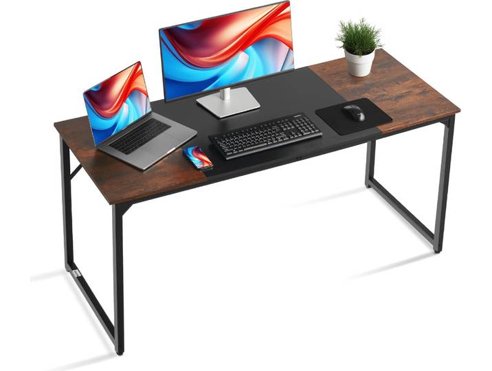 Table d'ordinateur VEVOR Table de bureau (plateau 160 x 60 cm)\, table de travail moderne avec cadre métallique & capacité de charge de 68 kg pour bureau à domicile chambre à coucher salon\, brun noir