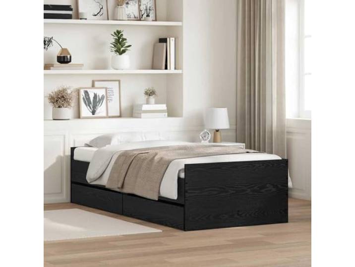 RJPLMFV Bettgestell mit Schublade, Eiche, Schwarz, 100 x 200 cm, massives Kiefernholz