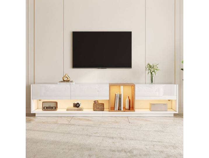 Meuble TV LED Meuble TV bas Meuble TV moderne avec éclairage LED 190x38x42 cm Finition brillante Meuble de rangement Blanc