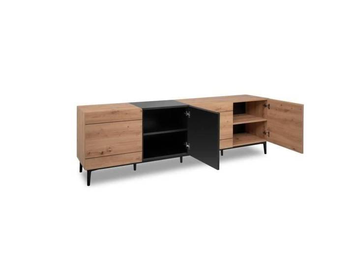 Buffet Bas / Meuble TV NOLA - Décor chêne et noir - 4 portes - L 200 x P 42 x H 65 cm