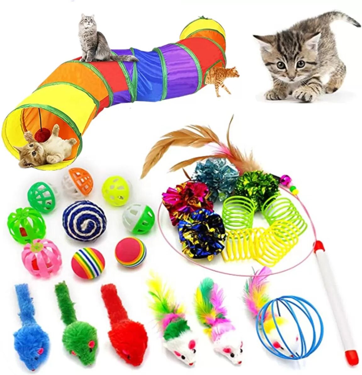 INF 25-teiliges mehrfarbenes Katzenspielzeug-Set – Regenbogen S-förmiger Tunnel mit Federaufsätzen und Edelstahldraht für