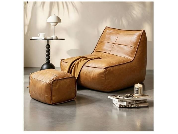 ROVRYN Fauteuil poire avec pouf repose-pieds marron en tissu technique