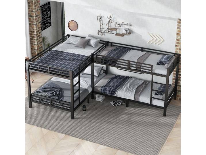 WUVRIE Lit superposé combiné en métal noir 4 couchages 90x200 cm et 140x200 cm échelle 3 marches