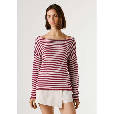 V-Ausschnitt-Pullover PEPE JEANS "Jumper KALUA STRIPE", Damen, Gr. S, cranberry pink, 45% Baumwolle, 29% Viskose, 26% Papier, Pullover