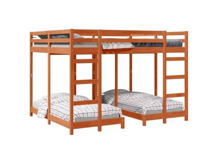 HMDNGOUT Dreistöckiges Etagenbett Massiv Kiefernholz 160x200 cm, Wachsbraun, mit Zwei Leitern und Schutzgeländern, platzsparendes Design für kleine Räume