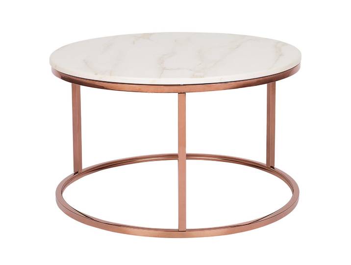 Beliani Couchtisch Marmor Optik beige/kupfer 70 cm Coral, Beige, Roségold, Metall, 70x43x70 cm, Wohnzimmer, Wohnzimmertische, Couchtische