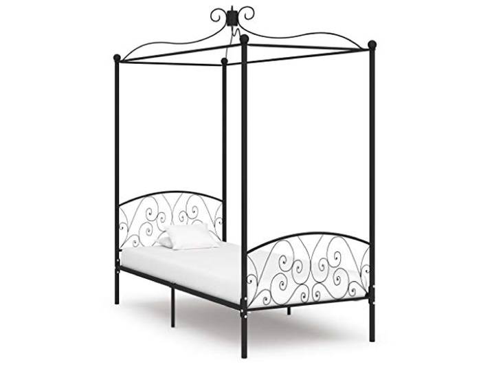 Metallrahmen mit Vorhanghalter Elegantes Design 100 x 200 cm Schwarz Himmelbett Gestell Schwarz Metall 100x200 cm Baldachin Bettrahmen mit Lattenrost fuer Vorhang Moskitonetz stabil