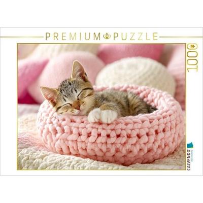 CALVENDO Puzzle Kätzchen im rosa Wollkorb - Süßes Schlafmotiv voller Geborgenheit | 1000 Teile Lege-Größe 64x48cm Foto-Puzzle für glückliche Stunden,