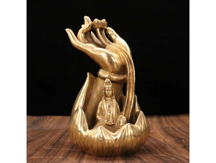 Brûleur d'encens à refoulement 8 pouces, collection folklorique du Tibet ancien, en laiton patiné, avec motifs Main de Bouddha, lotus, Guanyin, Bodhisattva et Bouddha assis