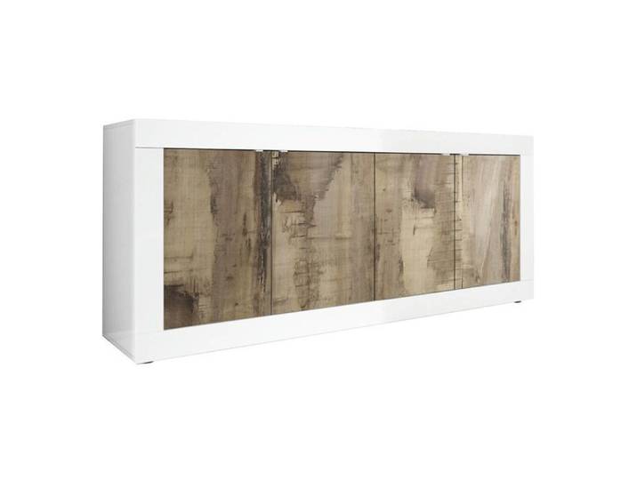 OTELLO - Buffet 4 Portes Finition Blanc Laqué et Aspect Bois Antik