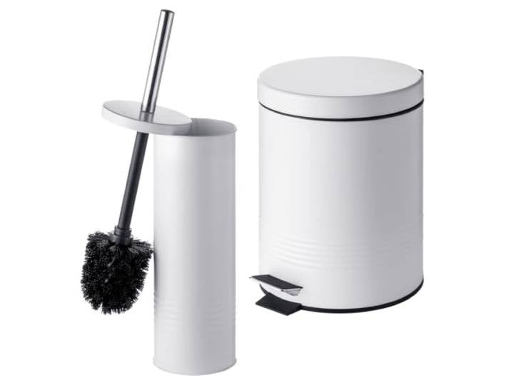 Relaxdays Set Salle de Bains 2 pièces\, Brosse WC et Poubelle 5 l\, Blanc Système de fermeture automatique\, métal\, accessoires de salle de bains\, ensemble de salle de bains