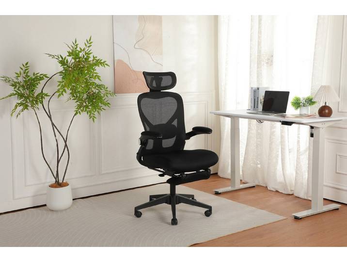 Vankel Bürostuhl Ergonomischer Drehstuhl mit Fußstütze, Kopfstütze & Lordosenstütze, Klappbarer Schreibtischstuhl mit Mesh-Rückenlehne für Homeoffice