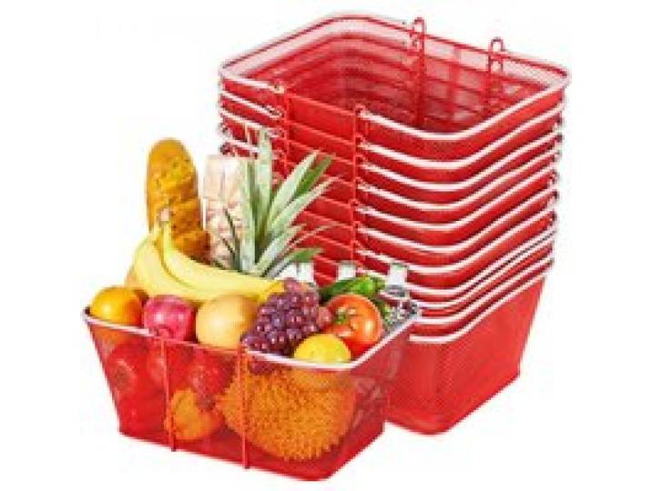 VEVOR Einkaufskorb, 12 Stk., 22 L, stapelbarer Metallkorb mit Griffen, Tragekorb, belastbar bis zu 20 kg, Universalkorb für Lebensmittel, Einzelhandel, Geschäfte, Supermärkte, Buchhandlungen, rot