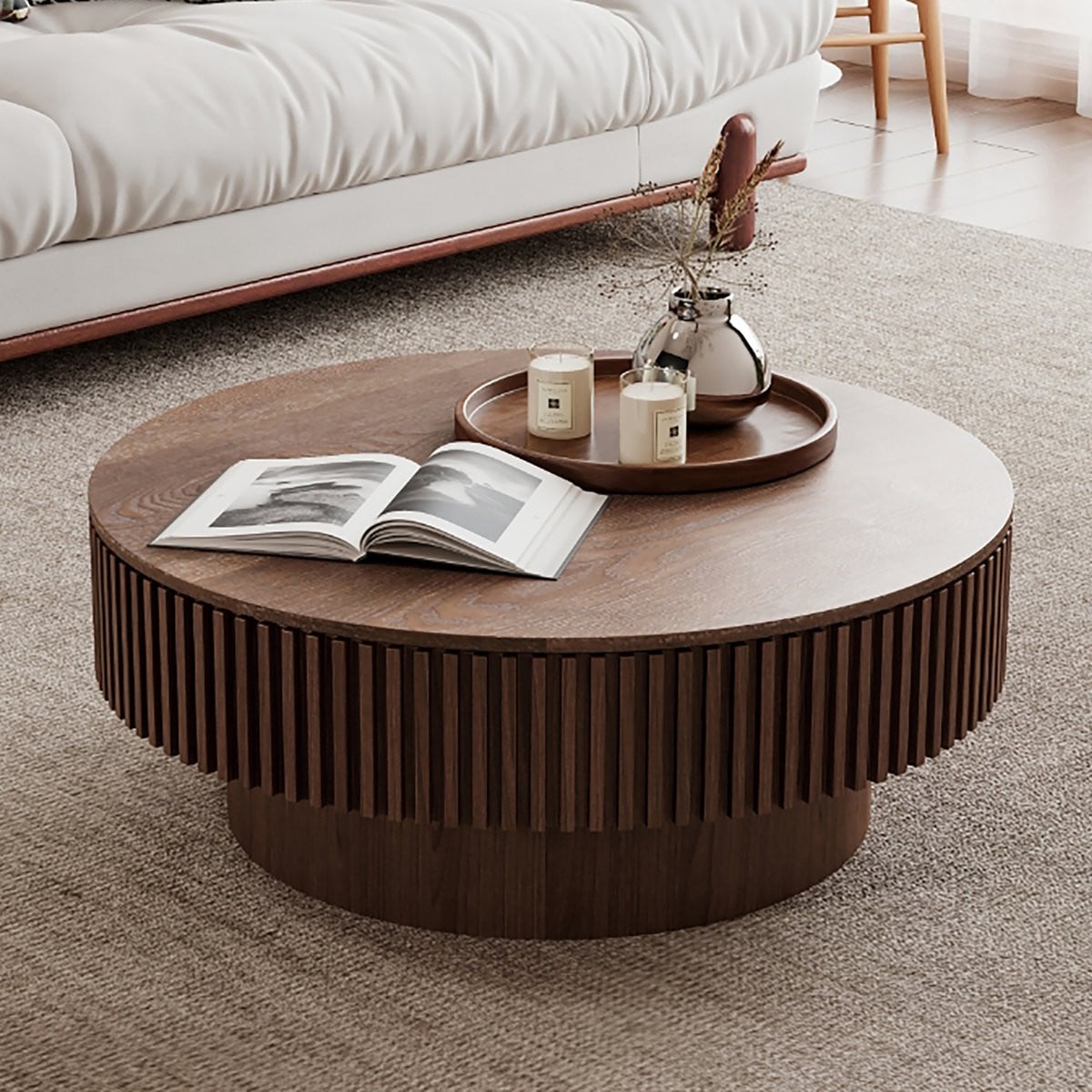 OKWISH Salontafel met verborgen opbergruimte en geribbelde paddenstoelvorm in Houtlook Walnoot