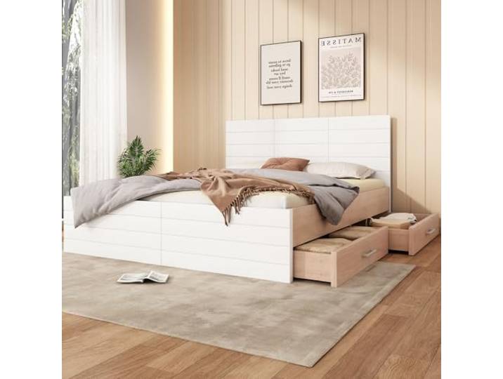Merax Doppelbett Holzbett Stauraumbett mit 2 Schubladen 180x200 cm,Massivholzbett inkl.Lattenrost,Modernes Funktionsbett ohne Matratze – Weiß/Eiche