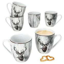 6er Set Alois Kaffeebecher 350ml Porzellan-Tassen 6 Personen Hirsch Tee Kakao
