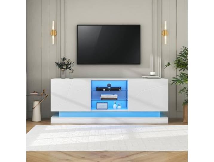 Merax Weißer Hochglanz-TV-Schrank - 1,6 Meter Länge, Verstellbare Glasablage, 70 Zoll Platz, Stilvolle Aufbewahrung mit Silent Hinges