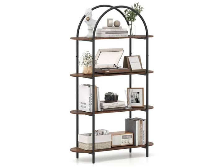 Meuble Étagère Cintrée à 4 Niveaux COSTWAY 95 x 34 x 156 cm Bibliothèque Autoportant pour Salon Bureau Chambre Marron Rustique