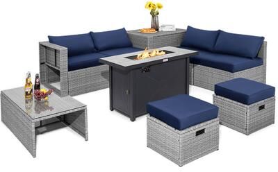 Costway 9 Pieces Patio Furniture Set with 42 Inches 60000 BTU Fire Pit-Navy