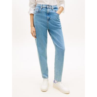 Tapered-fit-Jeans TOMMY JEANS "High waist - Mom-Jeans Tapered", Damen, Gr. 28, Länge 28, blau (denim light), Denim/Jeans, Obermaterial: 99% Baumwolle, 1% Elasthan, Abriebeffekte, Jeans, Mit Tommy Hilfiger Logo-Flag auf der Gesäßtasche