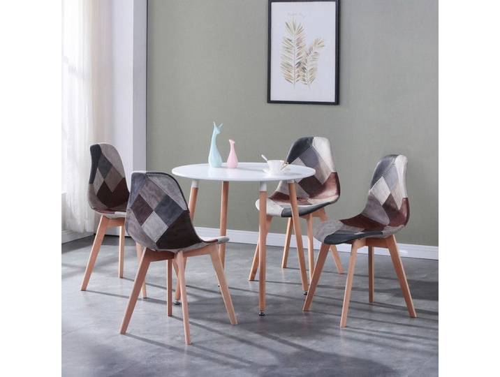 BenyLed Ensemble Table Salle à Manger avec 4 Chaises Chaise en Patchwork Rembourré Table Ronde avec Plateau en MDF Gris