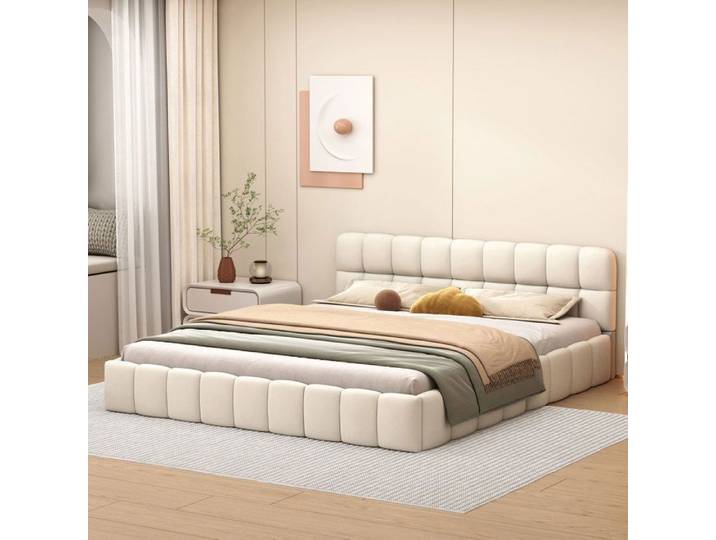 Lit adulte 160x200 cm - TANANT - Lit double rembourré - Tête de lit capitonnée - MDF - Beige