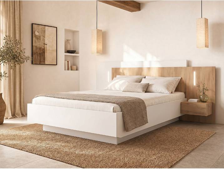 Boxbett mit Nachttischen 160 x 200 cm - 2 Schubladen - Mit LEDs - Weiß und Natur + Matratze - FRANCOLI